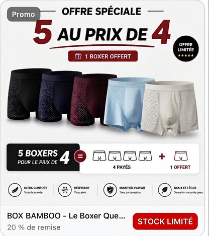 Pack Boxers Respirants et Anti odeur 4 achetés, le 5ème OFFERT CADEAU